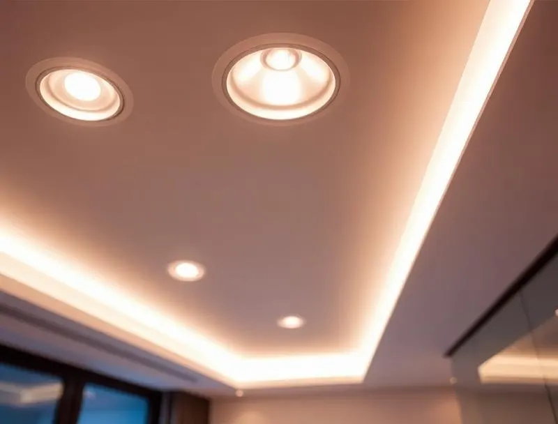 Faretti LED a incasso e strisce LED installati a soffitto in open space residenziale a Milano Isola – illuminazione a norma